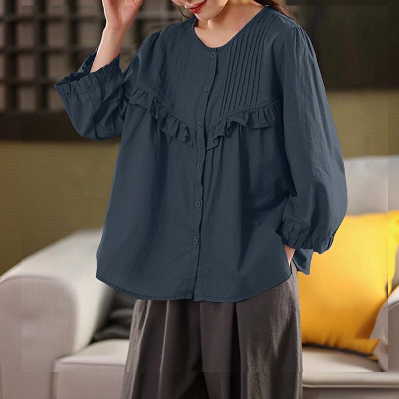 ZANZEA Женская повседневная однотонная блузка с круглым вырезом и длинным рукавом