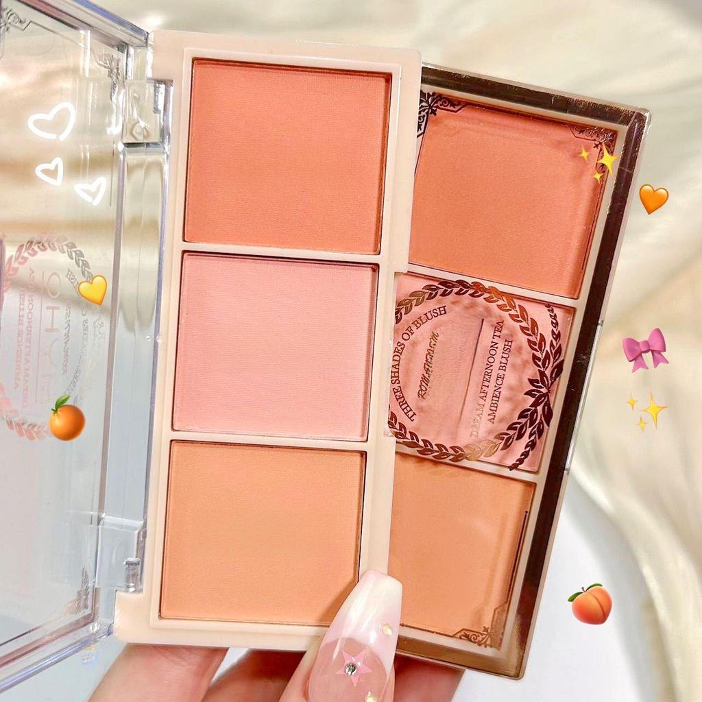 MYHO Tri-Color Blush Palette: Nude, Matte Milk Tea, Orange. Long-Lasting Rouge Makeup.