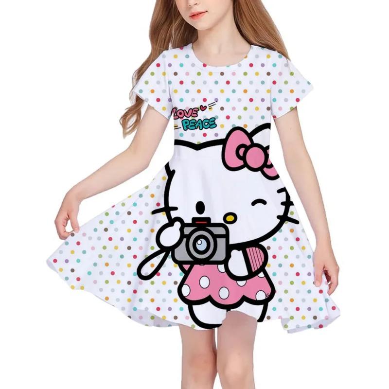 Летнее Новое Платье для Девочек с Коротким Рукавом Hello Kitty 3D Принт Детская Юбка-Рыбка Повседневное