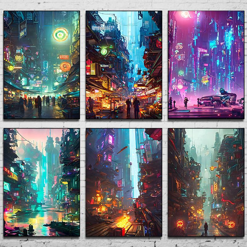 Процветающий Киберпанк Город Картина Холст Постер Будущий Мир Настенное Искусство Картина для Гостиной Спальни Современный Домашний Декор Подарок