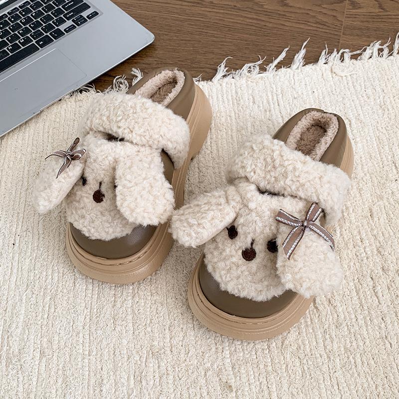 Fashion Cute Short Plush Cartoon Puppy Indoor Slippers Women Winter Warm Faux Fur Cotton Slides Comfort Thick Bottom Bedroom Slippers