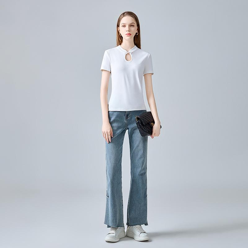 Футболка с короткими рукавами для женщин, новый стиль, новая китайская женская футболка с воротником-стойкой и пуговицами в стиле ретро, дизайн Sense Hollow Top