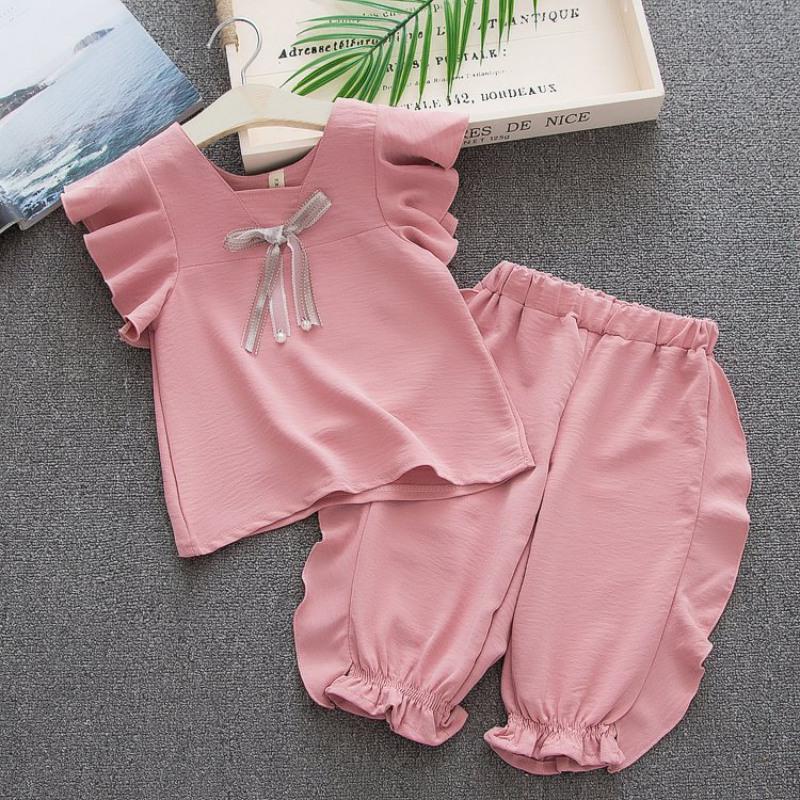 Summer Children Baby Girls Casual Fly Sleeve Bow Tops T-shirt+Short Pants Suits Costume Set