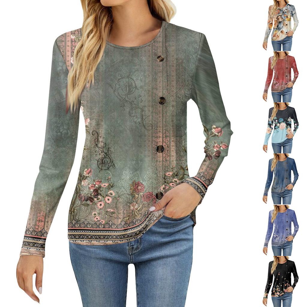 Women's Fashion Casual Round Neck Long Sleeve Printed T-Shirt Ladies Top