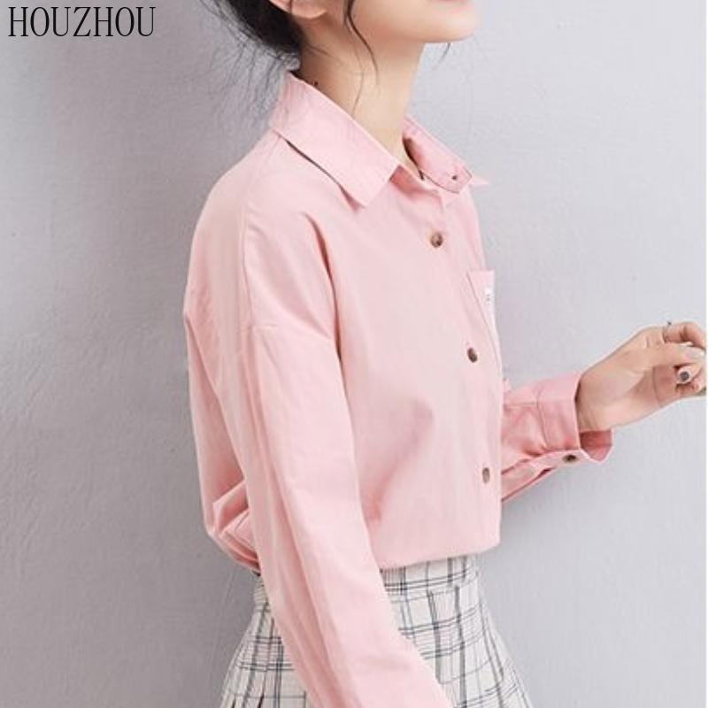 HOUZHOU белая рубашка женская с карманом и длинным рукавом размера плюс для студентов, милая корейская шикарная классика