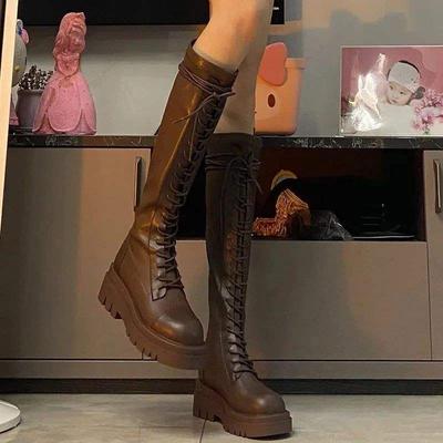 Тонкие длинные ботинки Мартин черные на толстой подошве тонкие на шнуровке высокие ботинки до колена рыцарские ботинки женские 2025 новые ботинки