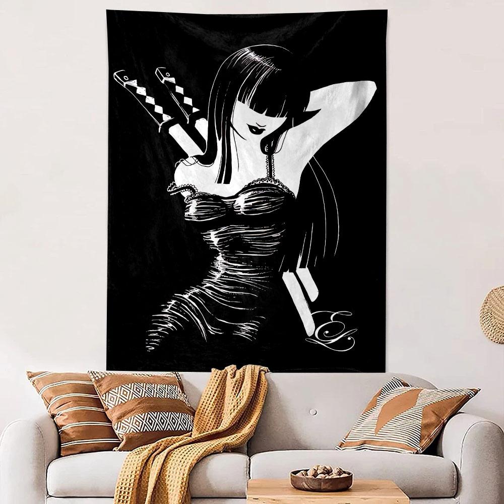 A stylish woman in a black dress with dual swords on her back. Patterned tapestry for bedroom and living room home decor