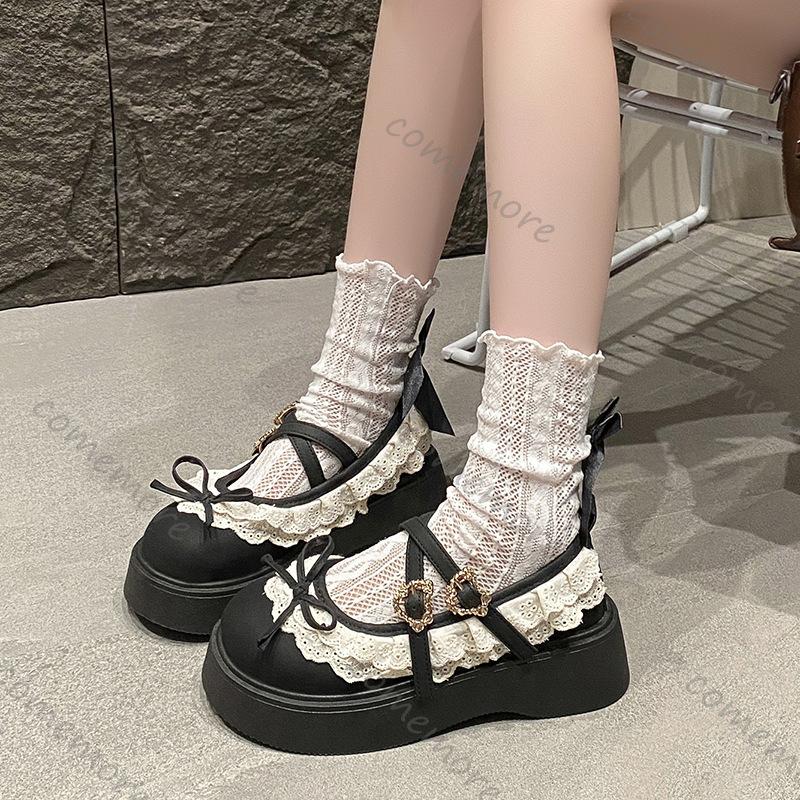 Fashion Comemore Brown Retro Thick Bottom Loafers New Spring and Autumn Round Toe Shallow Bow Lace Mary Jane Shoes Casual Platform Pumps