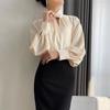 Женская корейская модная ажурная блузка с оборками, элегантная, для офисной леди, со стойкой, деловая повседневная рубашка, с длинным рукавом, однотонная, свободного кроя