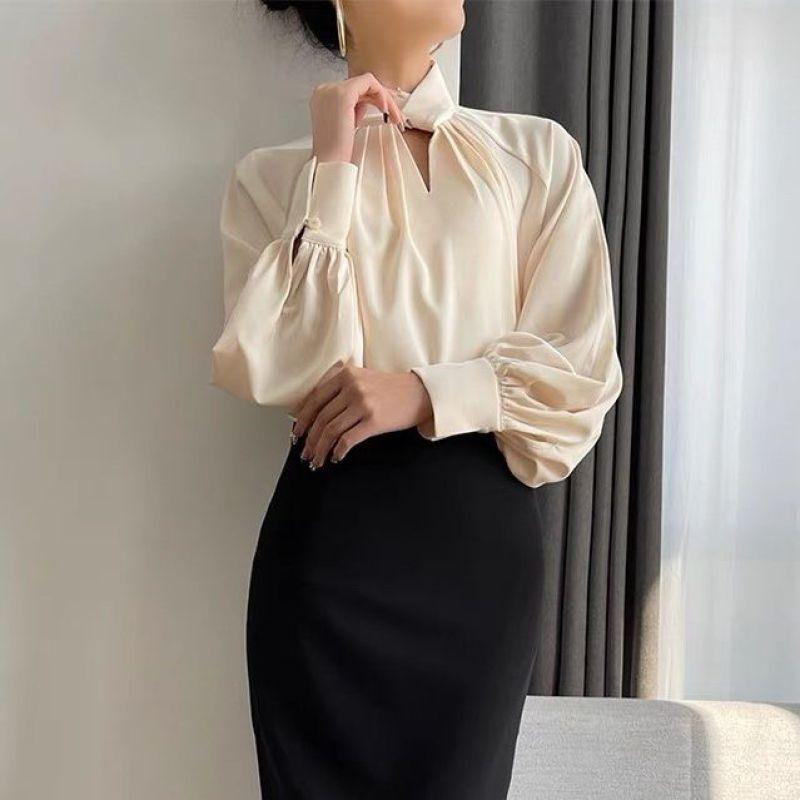 Женская корейская модная ажурная блузка с оборками, элегантная, для офисной леди, со стойкой, деловая повседневная рубашка, с длинным рукавом, однотонная, свободного кроя