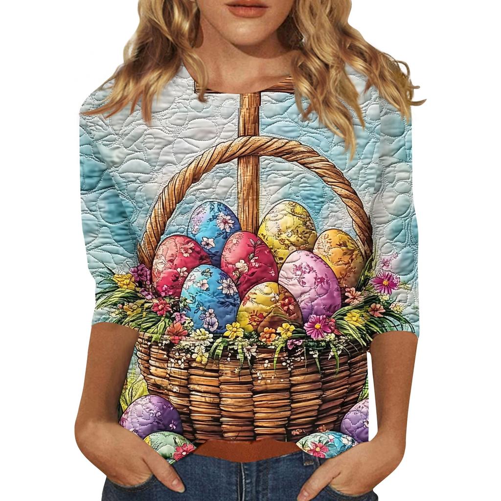 Women's Fashion Loose Casual Seven Sleeve Printed Round Neck Top