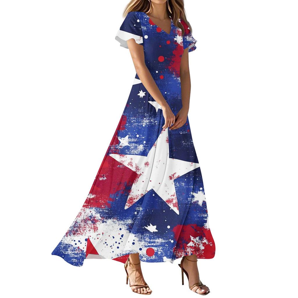 Женские повседневные модные платья с принтом ко Дню независимости, платья с коротким рукавом и V-образным вырезом