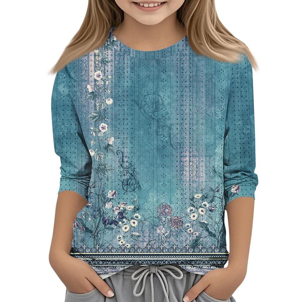 Топы с принтом для девочек 5-16 лет с круглым вырезом и рукавами 3/4 Футболки Модные топы Наряды Футболки