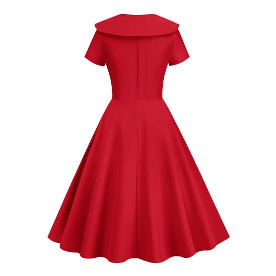 Retro Women Dress Turn-down Collar Shortn Sleeves A-line Big Swing Buttons Slim Fit Solid Color 50s Ball Prom Midi Dress