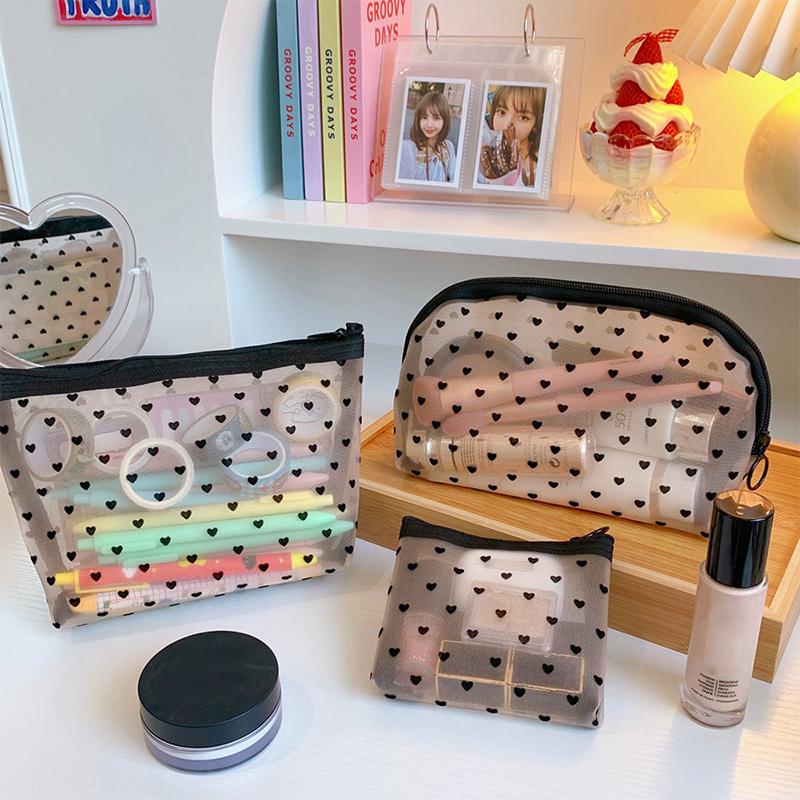 Love Print Mesh Cosmetic Bag Portable Toiletry Organizer Makeup Bag Multifunction Transparent Women Lipstick Storage Pouch