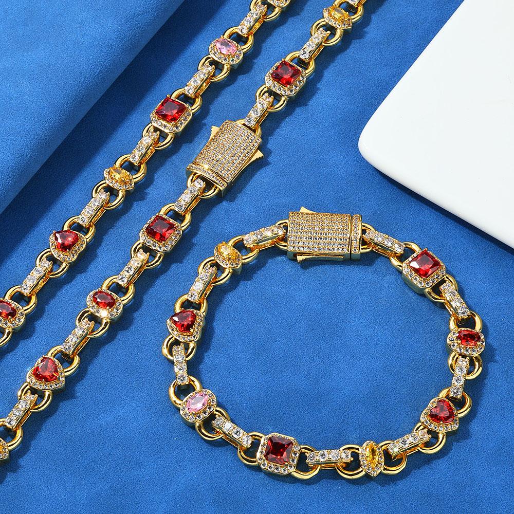 New Colorful Cubic Zirconial Geometric Diamond Necklace Women's 18K Plated Gold Red/Yellow/Pink Iced Out Chain Hip Hop Jewelry