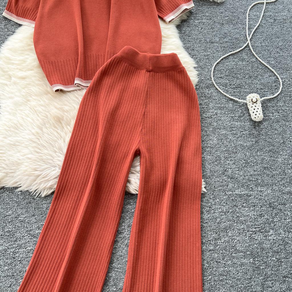 Летний женский трикотажный свитер, брюки, комплект из двух предметов, женский свитер с коротким рукавом, топ и брюки длиной до щиколотки, спортивный костюм