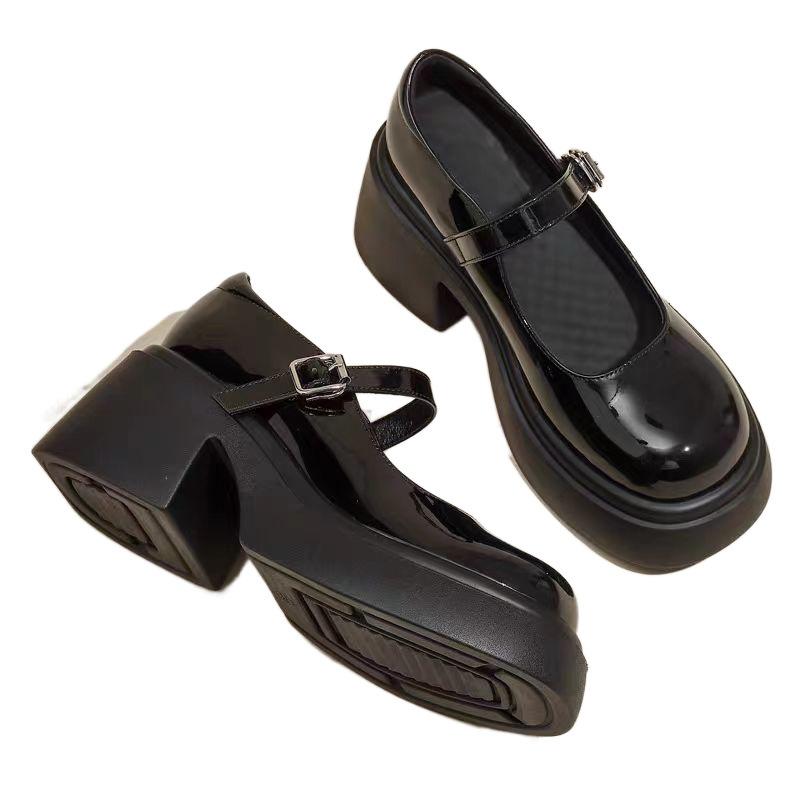Mirror Platform Mary Jane Shoes Women'S French Thick High Heel Single Shoes Buckle Belt Comfortable College Style Small Leather Shoes