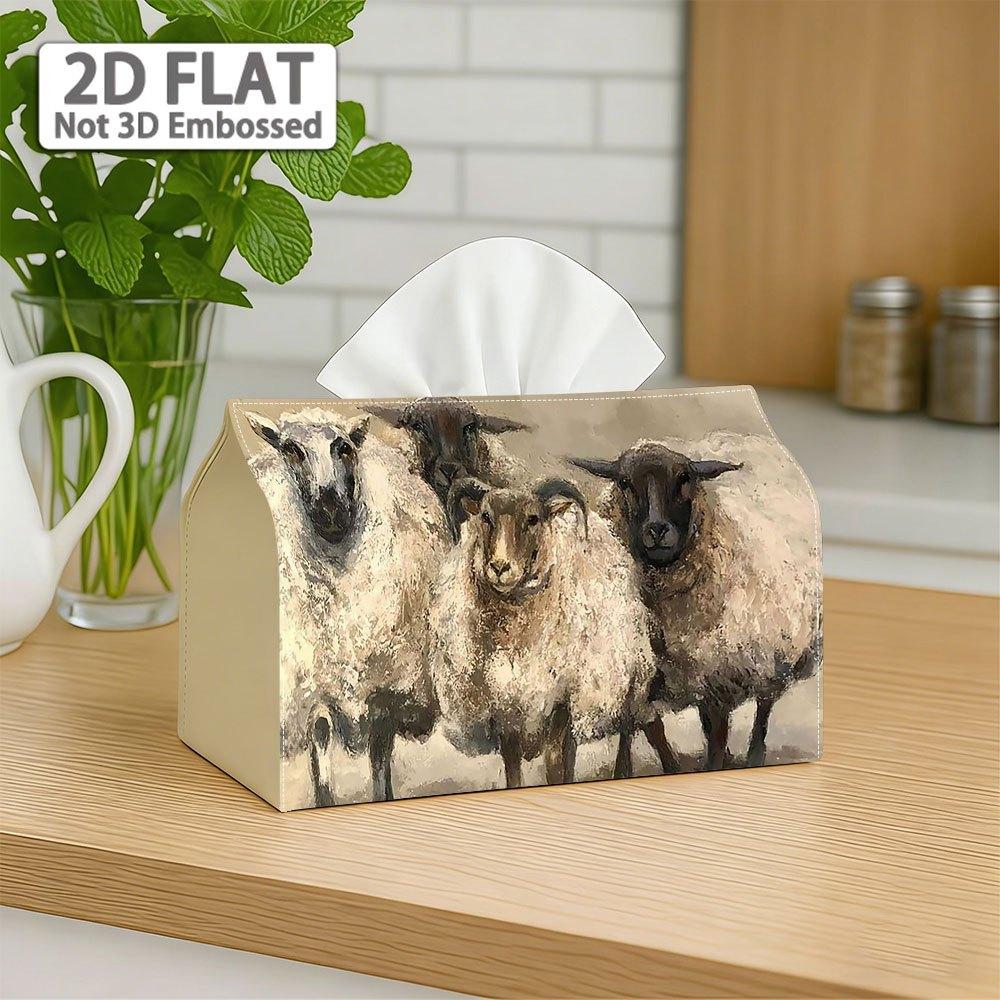 2D Flat, 2D Flat Printing, 1pc, Tissue Box, Non-Real Embroidery, Neutral Tones Four Sheep, Textured Brushstroke Style, Suitable for Sofas, Bedside Tab