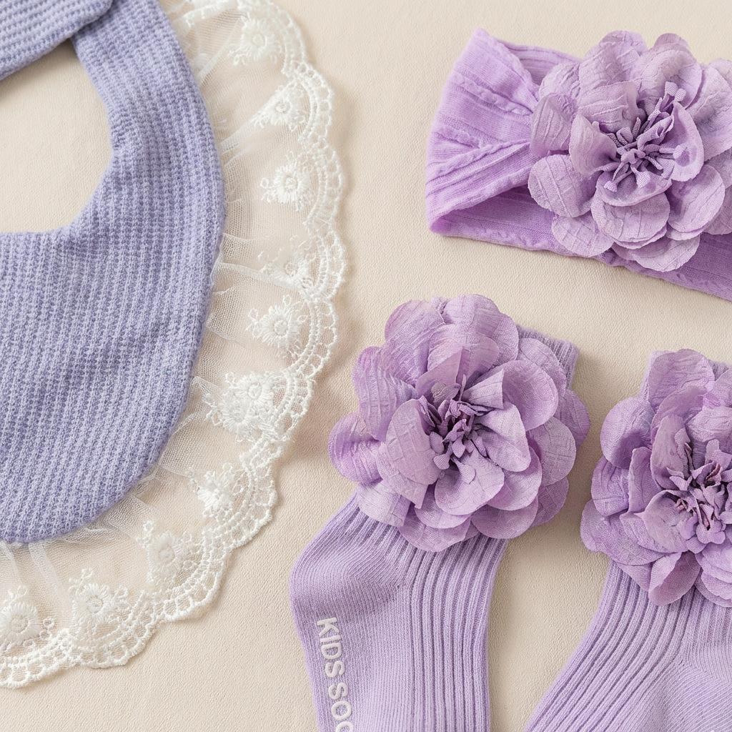 3Pcs Baby Girl Gift Set Lace Bib Floral Headband Socks Set 3D Flower Cotton Infants Toddlers Party Birthday Accessories