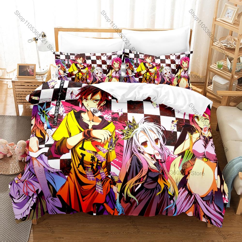 No Game No Life Duvet Cover + 2 Pillowcases, Classic Fantasy Anime Print Bedding Set Soft Fabric Decor Gift for Anime & Game