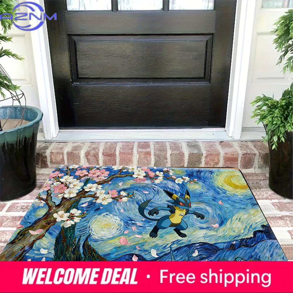 Pokemon Lucario Starry Night Cherry Blossom Print Non-slip Doormat, Soft Absorbent Floor Rug for Home Decor