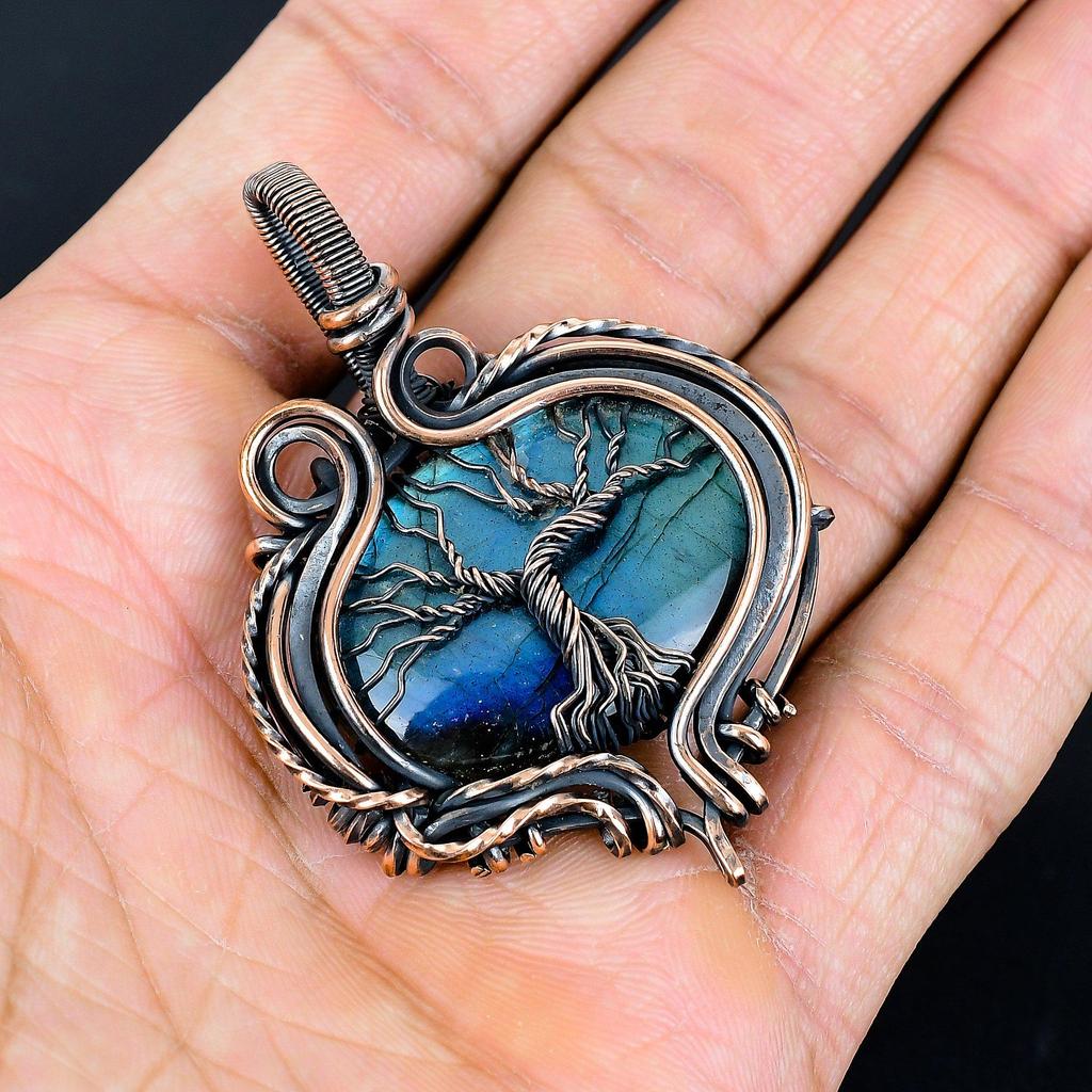 Labradorite 999 Copper Wire Wrapped Pendant, Handmade Gemstone Tree Of Life Pendant Jewelry, Gifts For Wife Brand New Pendant