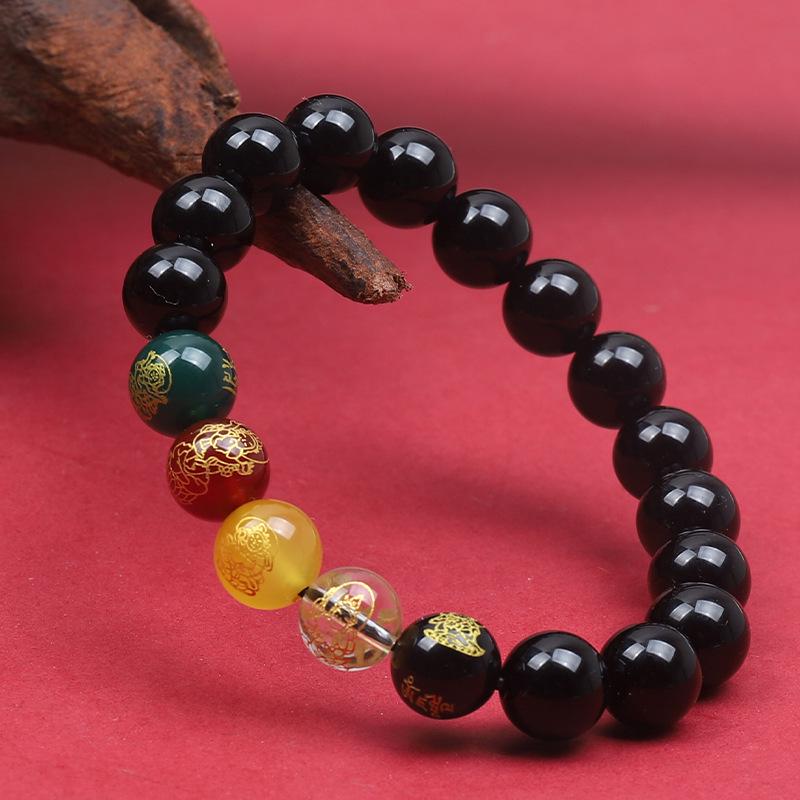 Five Gods of Wealth Classic Black Agate Bracelet - Unisex Buddhist Bead Single-Loop for Benmingnian
