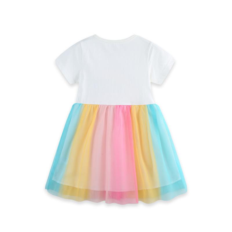 Summer New Arrivals: Girls' Rainbow Print Princess Dress Round Neck Tulle Skirt for Younger Children