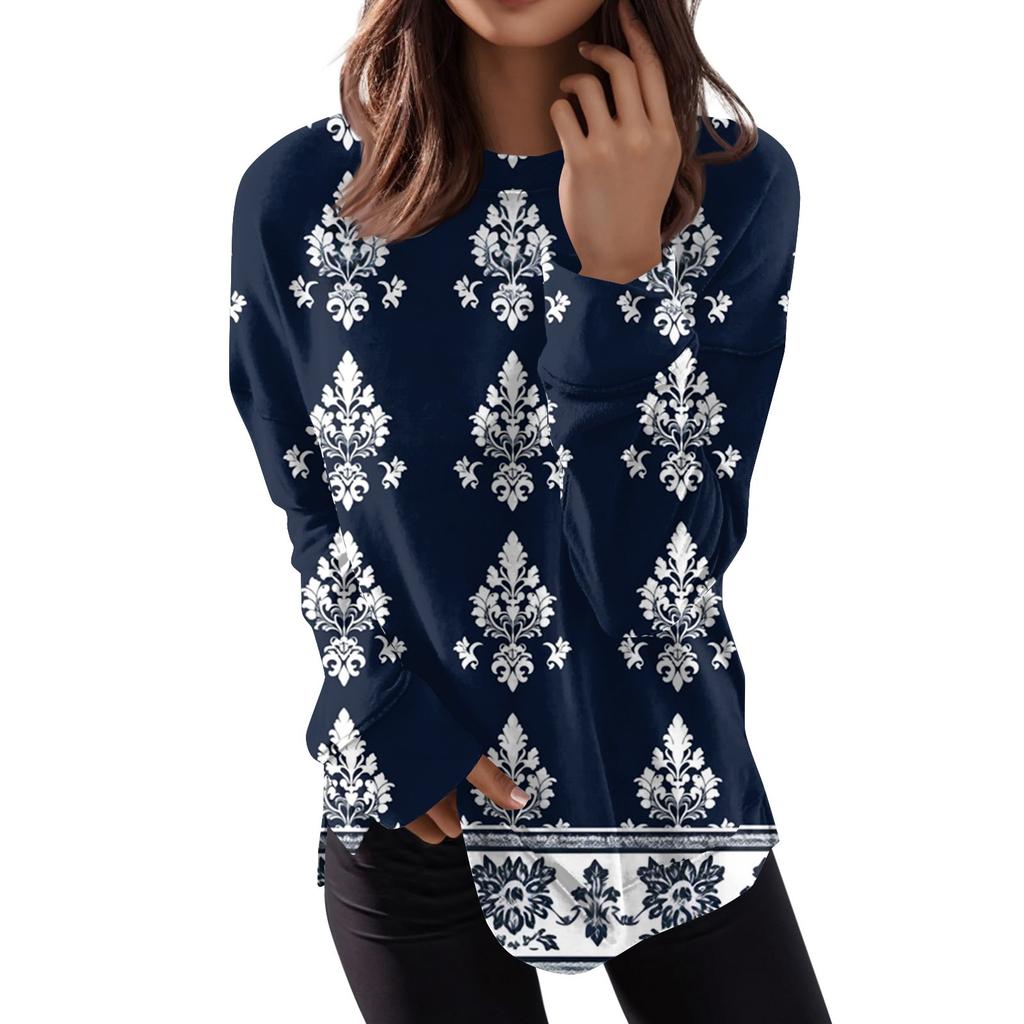 Women's Fashion Casual Long Sleeve Floral Print Round Neck Top