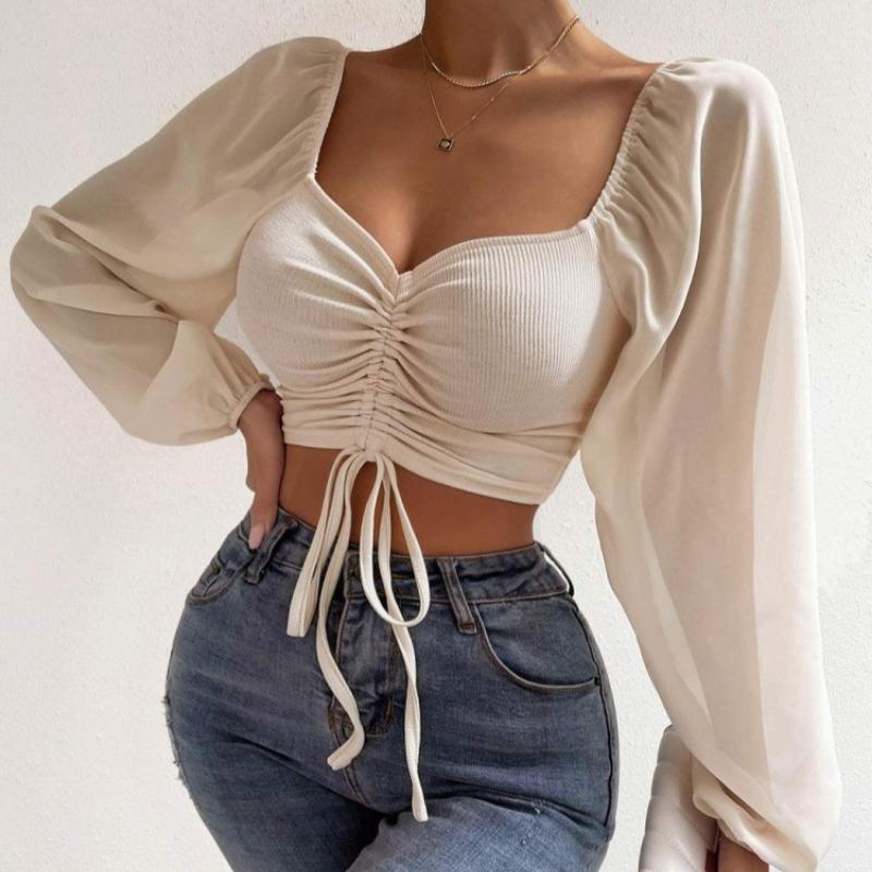 Летняя новая шифоновая блузка с V-образным вырезом и завязками, женская винтажная узкая модная сексуальная женская рубашка, топы, элегантная однотонная женская укороченная блузка 25156
