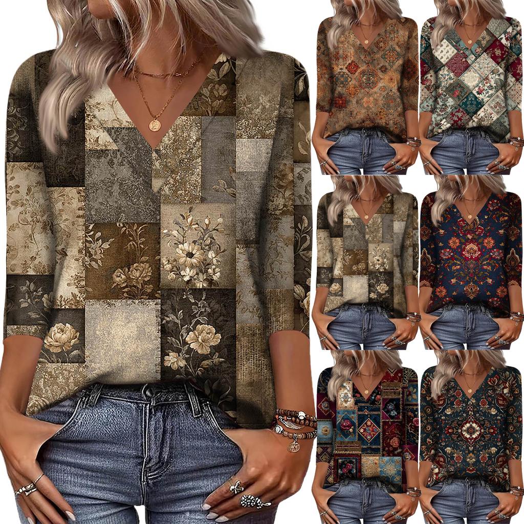 Women's 3/4 Sleeve Shirts V Neck Print Tops Casual Tops Basic Tees Blouse Loose Tops