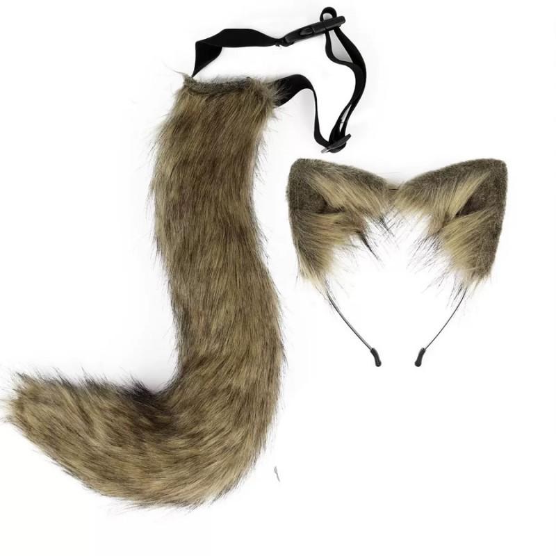 Cosplay Furry Ear Headband Tail Set With Bell Collar Anime Fans Adult Costume Accessories