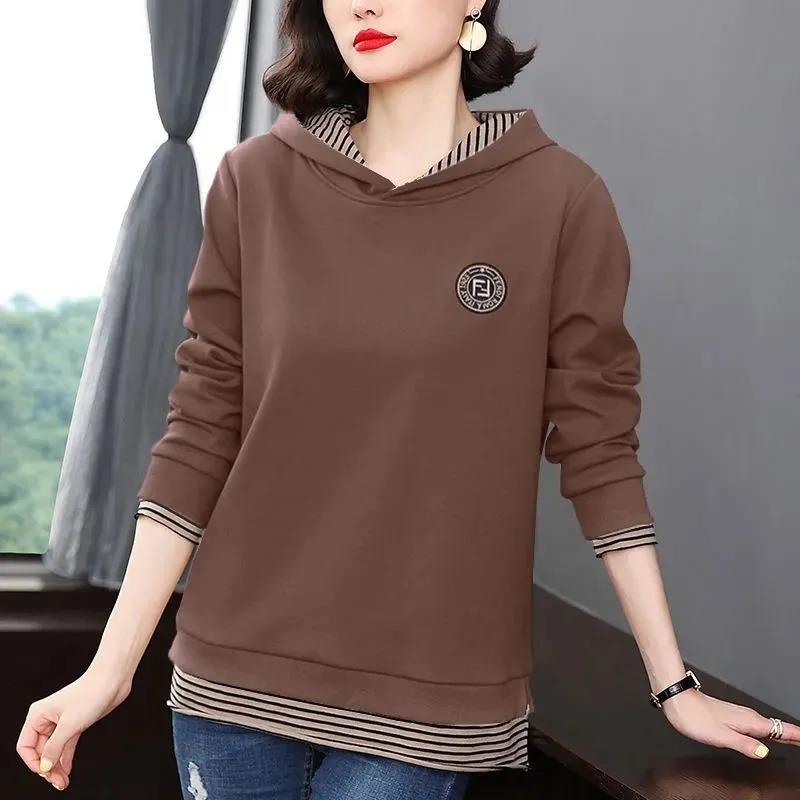 Hooded Sweatshirt Women's Long Sleeve Pullover Top Big Size Splicing Stripe Jacket