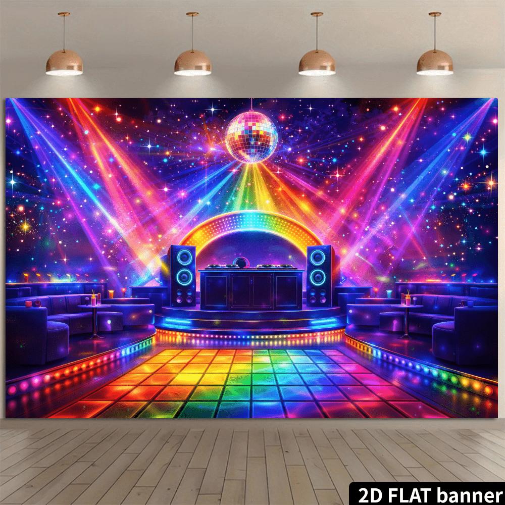 Retro Disco Hall Party Backdrop, Neon Nightclub Theme with Mirror Disco Ball, Rainbow Light Beams and Dance Floor Accents, Durable