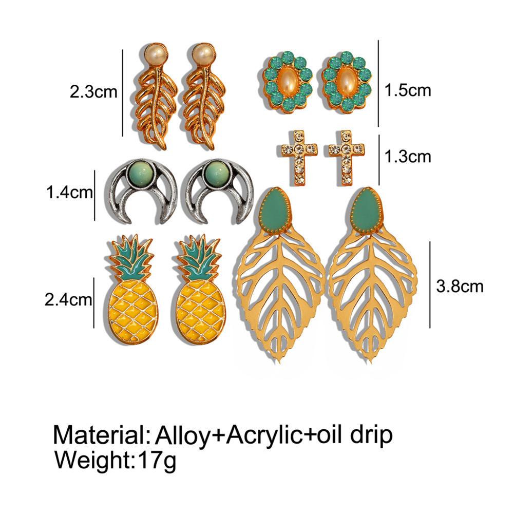 6Pairs/Set Alloy Jewelry Bohemian Vintage Style Ear Stud Pineapple Earring Set Flower Leaves