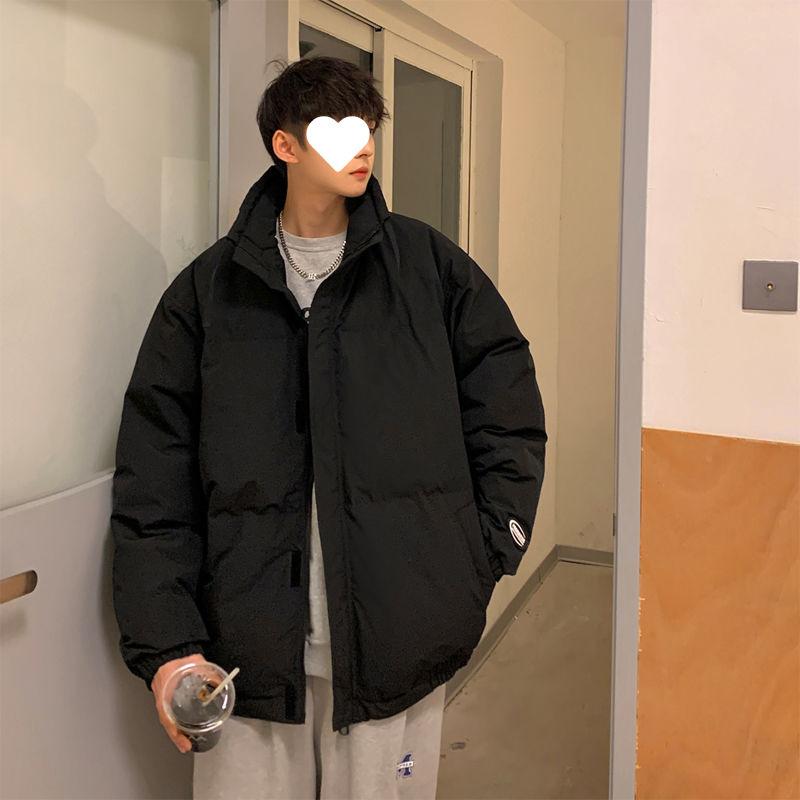 Зимняя новая мужская куртка-пуховик, свободная, без капюшона, с воротником-стойкой, в гонконгском стиле, молодежная, утолщенная, теплая, однотонная, повседневная куртка