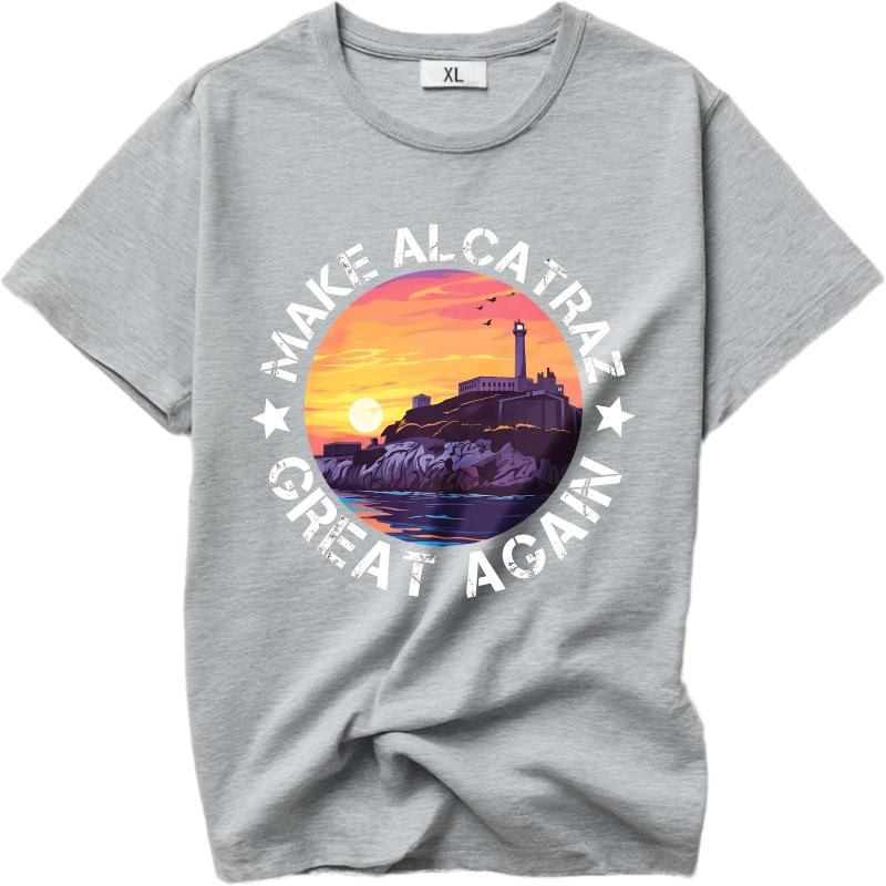 Casual Summer Women T Shirt Make Alcatraz Great Again Sunset Island Scene Short Sleeve Printed Crew Neck Tops Teeshirt For Man