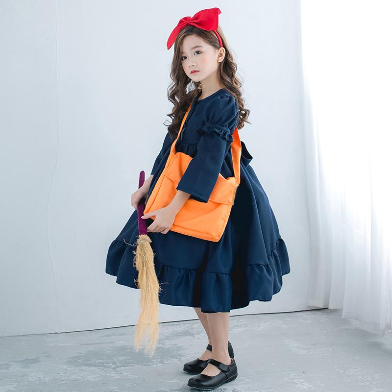 J-yuefang/Jingyuefang Witch Kiki Costume for Girls, Japanese Style Anime Cosplay Dress with Headband and Backpack