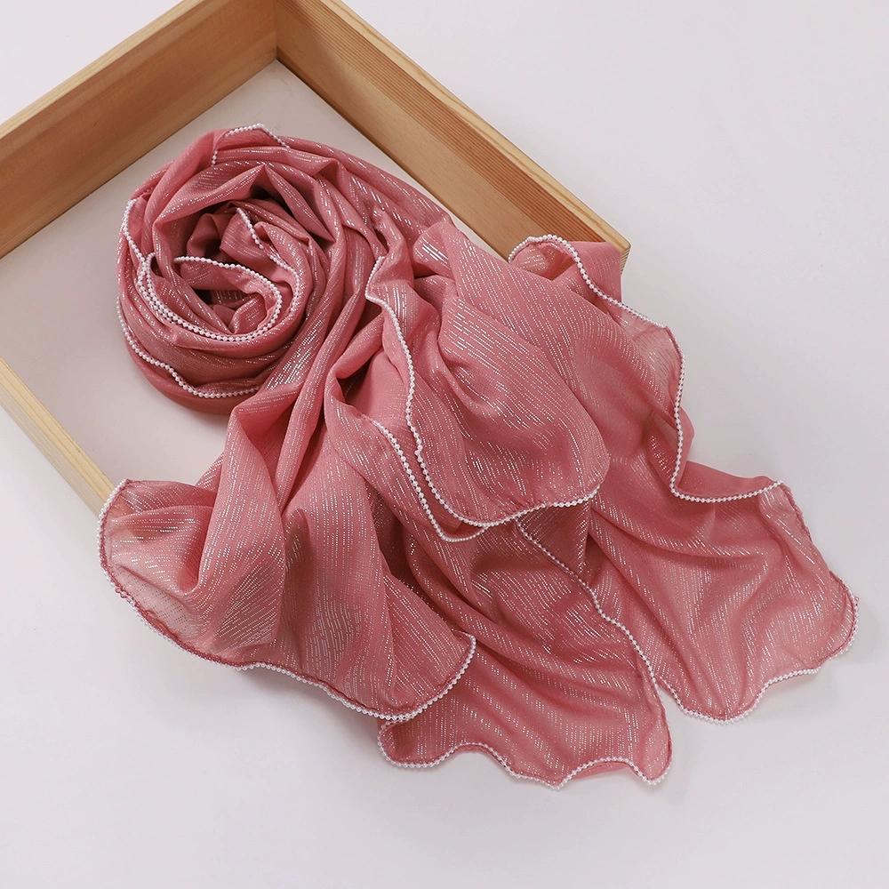 Chiffon Gold and Silver Wire Light Thin Women's Casual Pearl Edge Shawl Headscarf Hijab Scarves