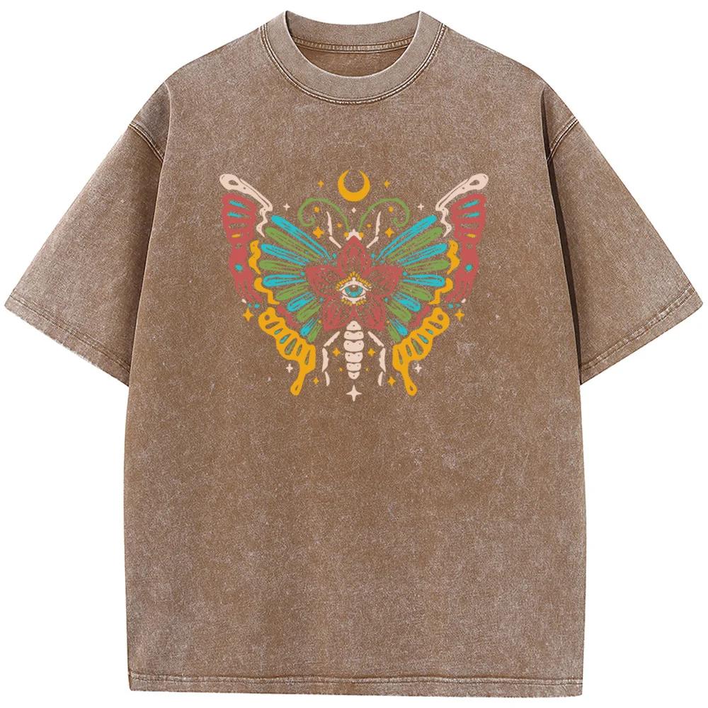 Женская футболка с коротким рукавом Butterfly Moon, выбеленная футболка, модная свободная выстиранная футболка, хлопковая выбеленная футболка