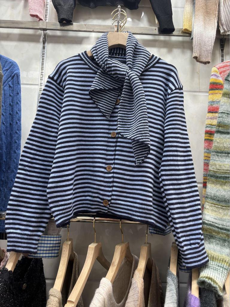 Design Sense Women's Striped Tie-Up Knitted Cardigan - 2025 Autumn/Winter Collection.