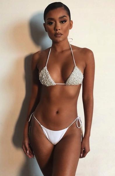 Two-Piece Fashionable Swimsuit Pearls Beads Sexy White