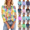 Women's Seven Quarter Sleeved T-shirt V-neck Button Up Shirt With Printed Loose Top For Halloween
