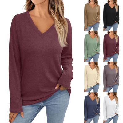 Женская модная винтажная футболка с длинным рукавом и V-образным вырезом в тон цвета