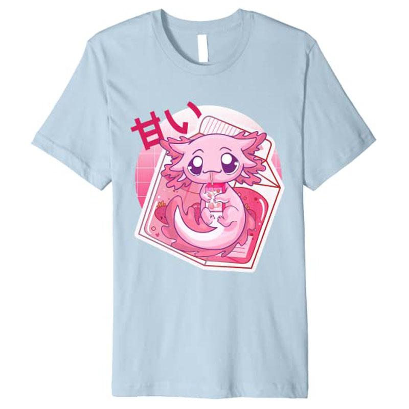 Kawaii Axolotl Strawberry Milk Japanese Anime Girls Teenager Premium TShirt Y2k Cartoon Unisexga Graphic Aesthetic Clothes Novelty