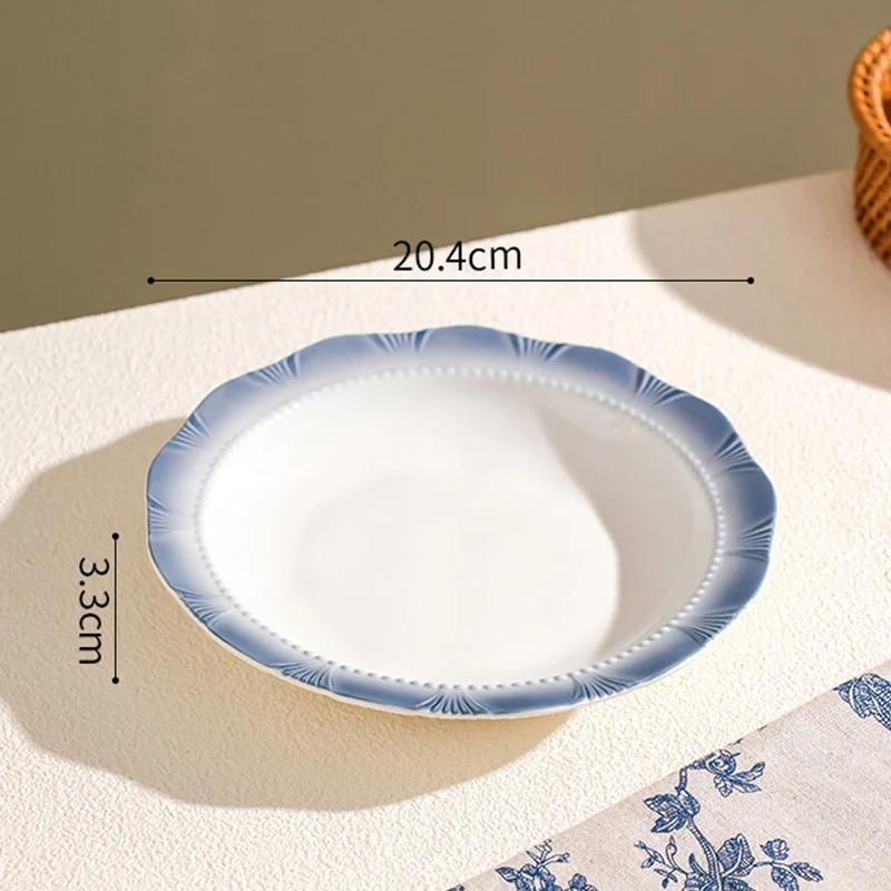 Обеденные тарелки во французском стиле, изысканные блюда, глубокая суповая тарелка, изысканный фруктовый салат, керамическая тарелка, синяя кромка, домашняя посуда