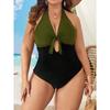 2025 Solid Patchwork Plus Size Swimwear Women Tied Halter Hollow One Piece Swimsuit Push Up Backless Big Bathing Suit