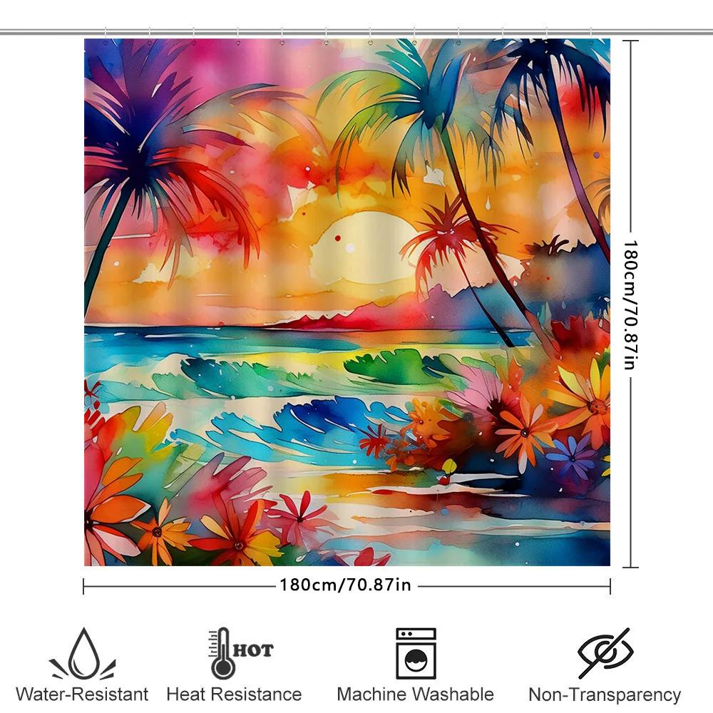 Sunset Palm Tree Beach Shower Curtain Modern Coastal Design For Bathroom Decorations