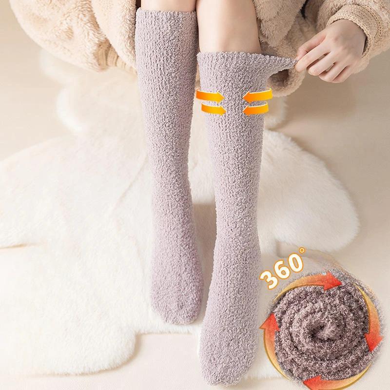 New Soft Coral Fleece Women Stockings Winter Solid Color Warm Thigh High Stockings Home Keep Warm Over Knee High Long Socks